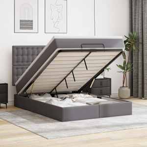 Otomanski posteljni okvir z vzmetnico siv 140x190 cm um. usnje