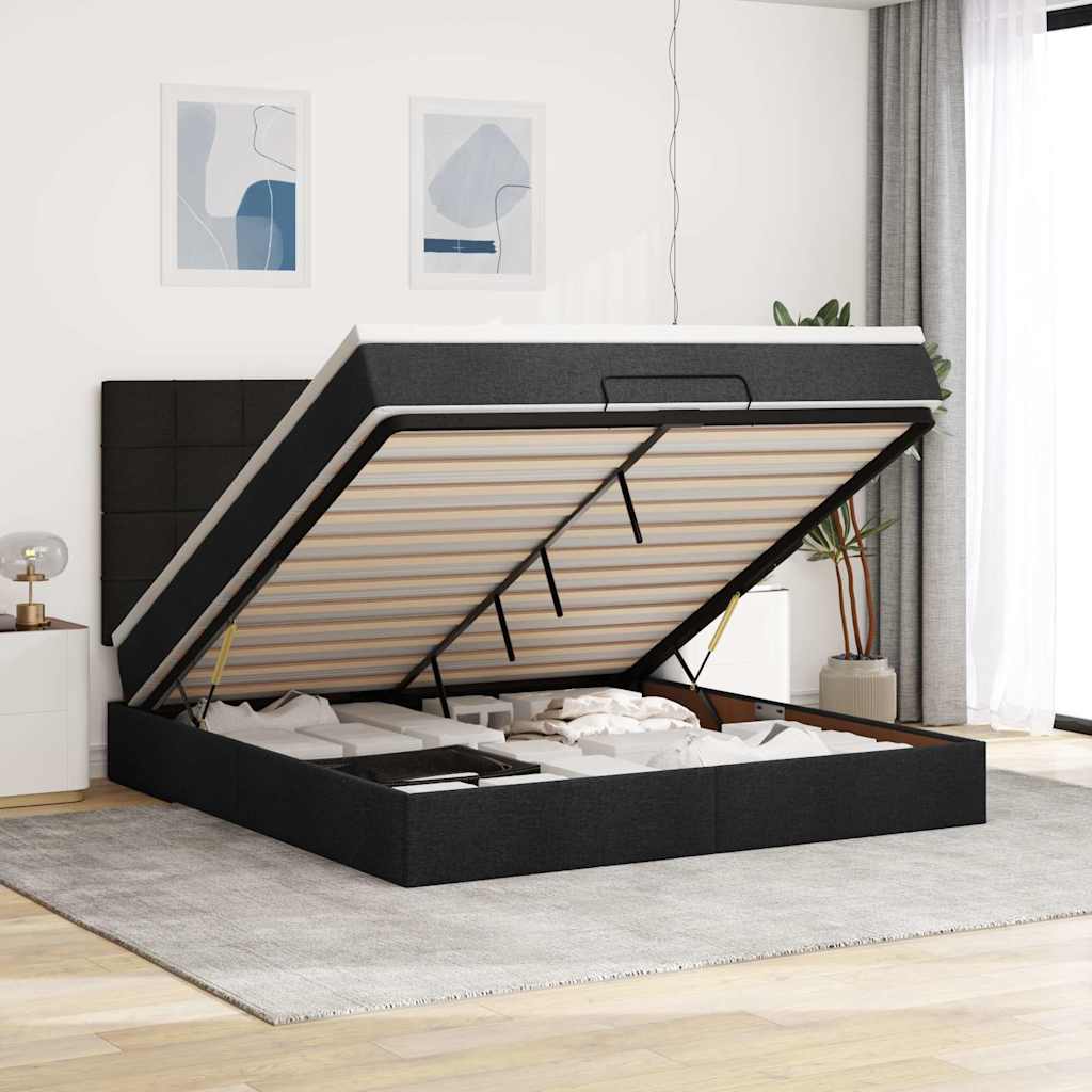 Ottomansk sengeramme med opbevaring inkl. madras 160×200 cm - stof, sort