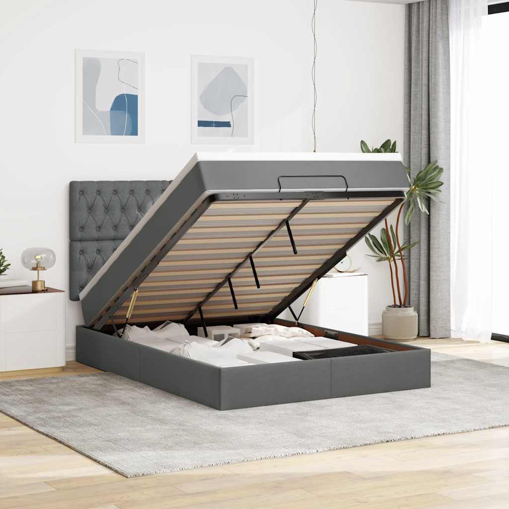 TopSellers-Ottoman Bed with Mattress - Dark Grey Queen Fabric Solution