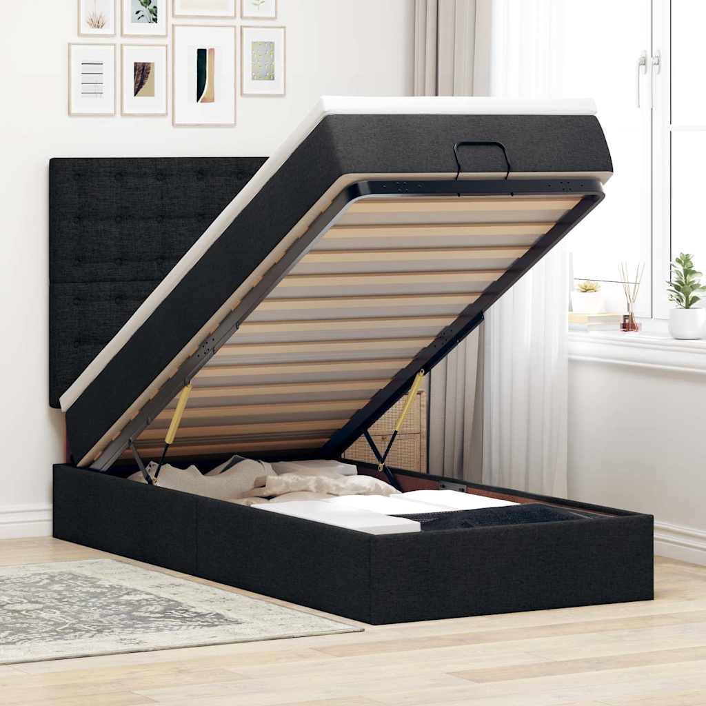 Ottomansk sengeramme med opbevaring inkl. madras 90×190 cm - stof, sort