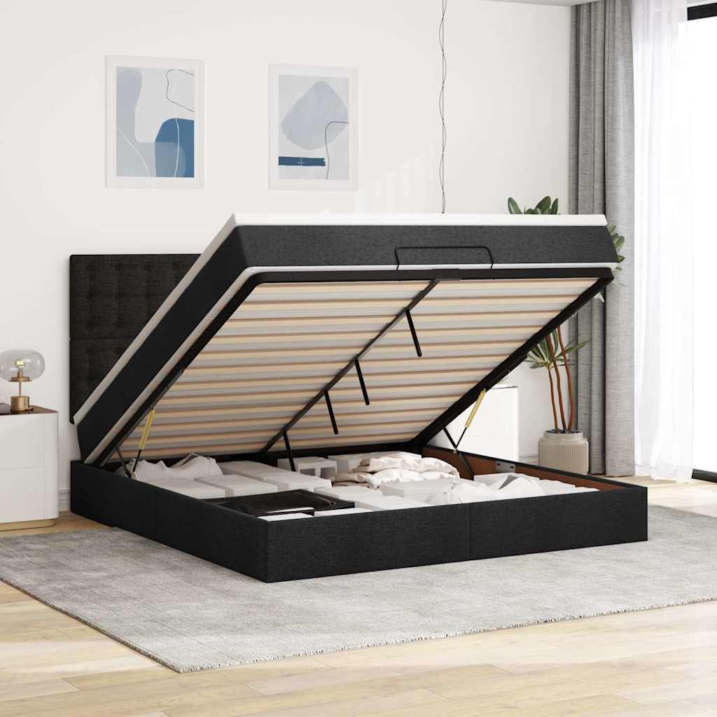 Osmannisk sengeramme med opbevaring og madras 160×200 cm - stof, sort