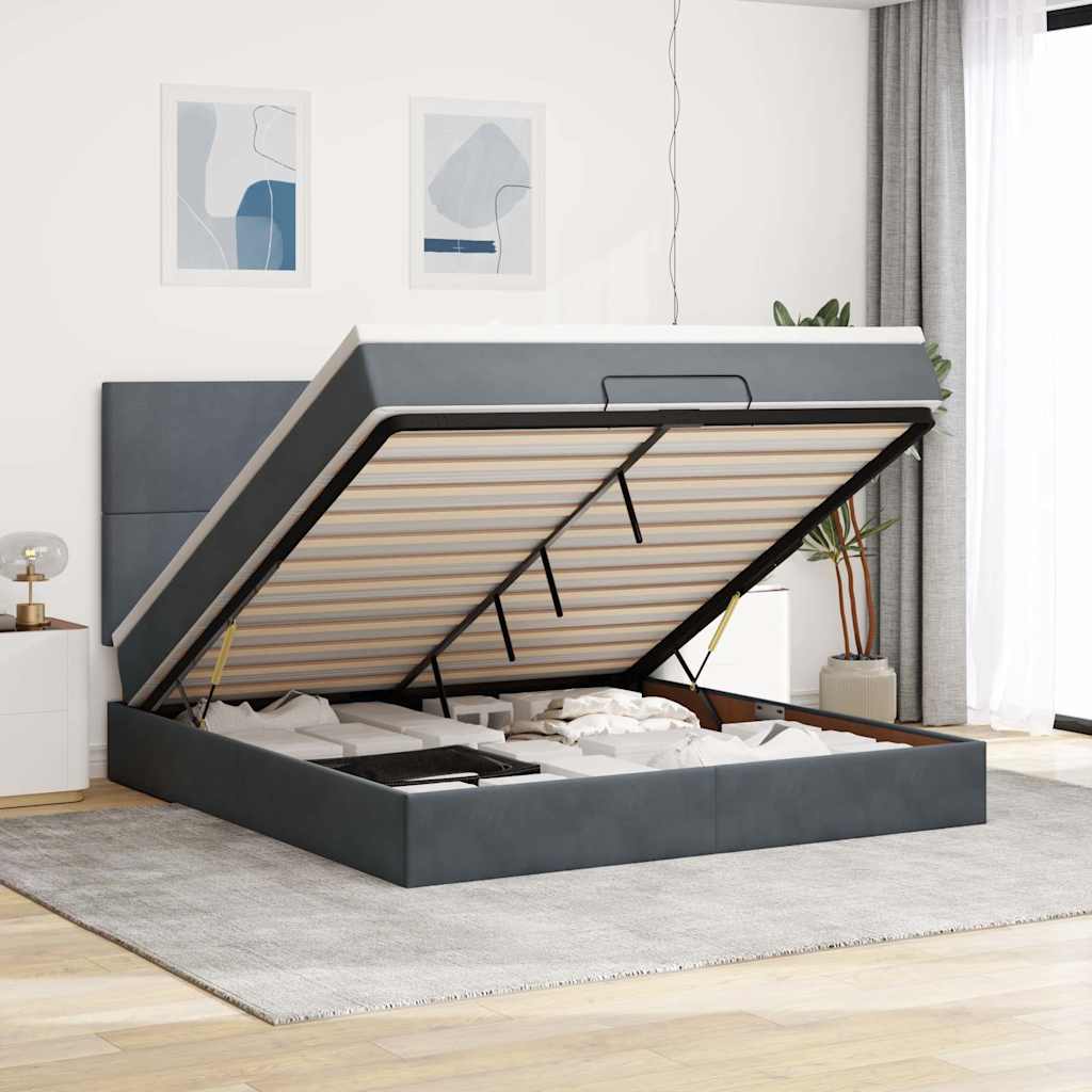 Ottomani voodiraam madratsitega, tumehall, 160x200 cm, samet