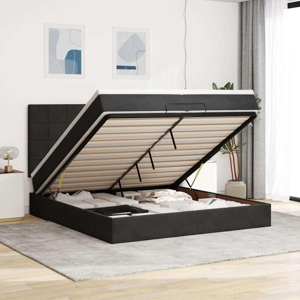 Ottomansk sengeramme med opbevaring inkl. madrasser 200×200 cm - fløjl, sort