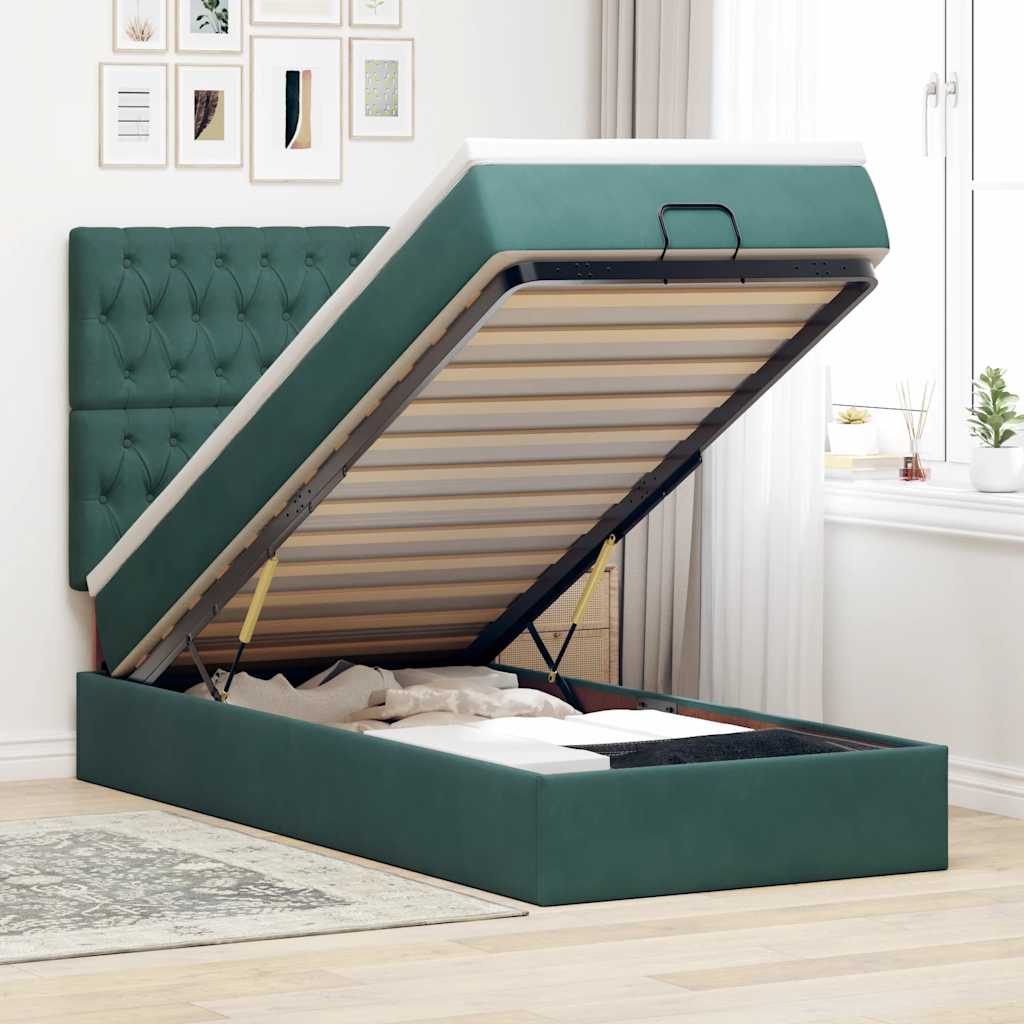 vidaXL Cadru de pat otoman cu saltele, catifea verde închis 90x200cm