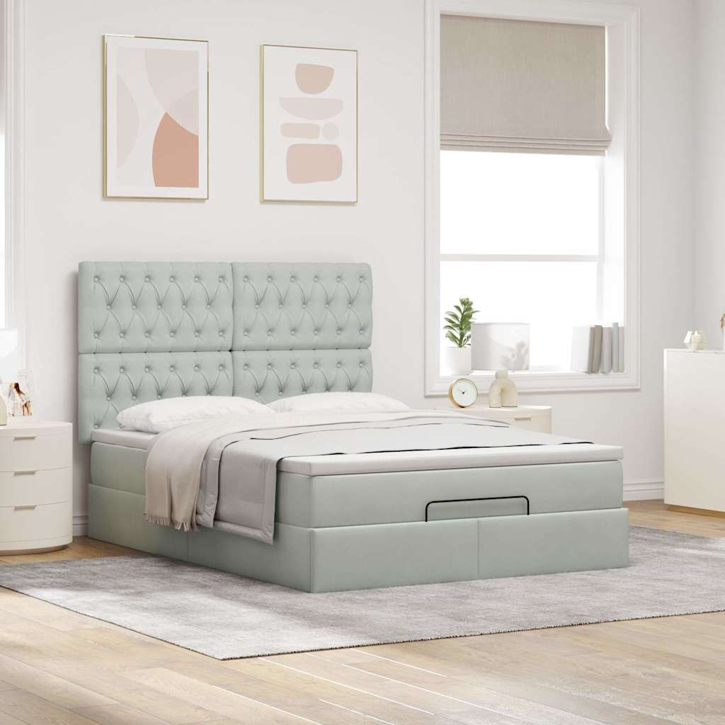 vidaXL Ottoman bed met matrassen 140x200cm fluweel lichtgrijs afbeelding