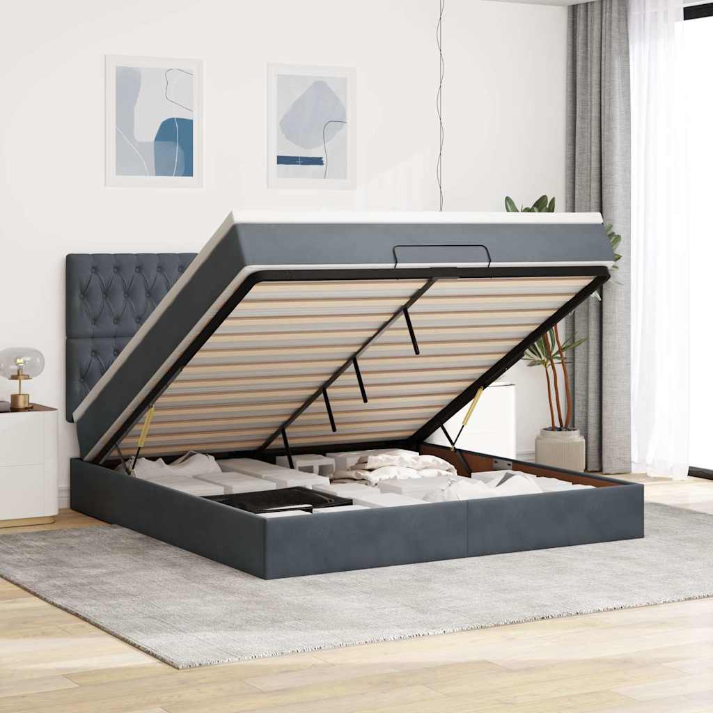 Ottomani voodiraam madratsitega, tumehall, 160x200 cm, samet