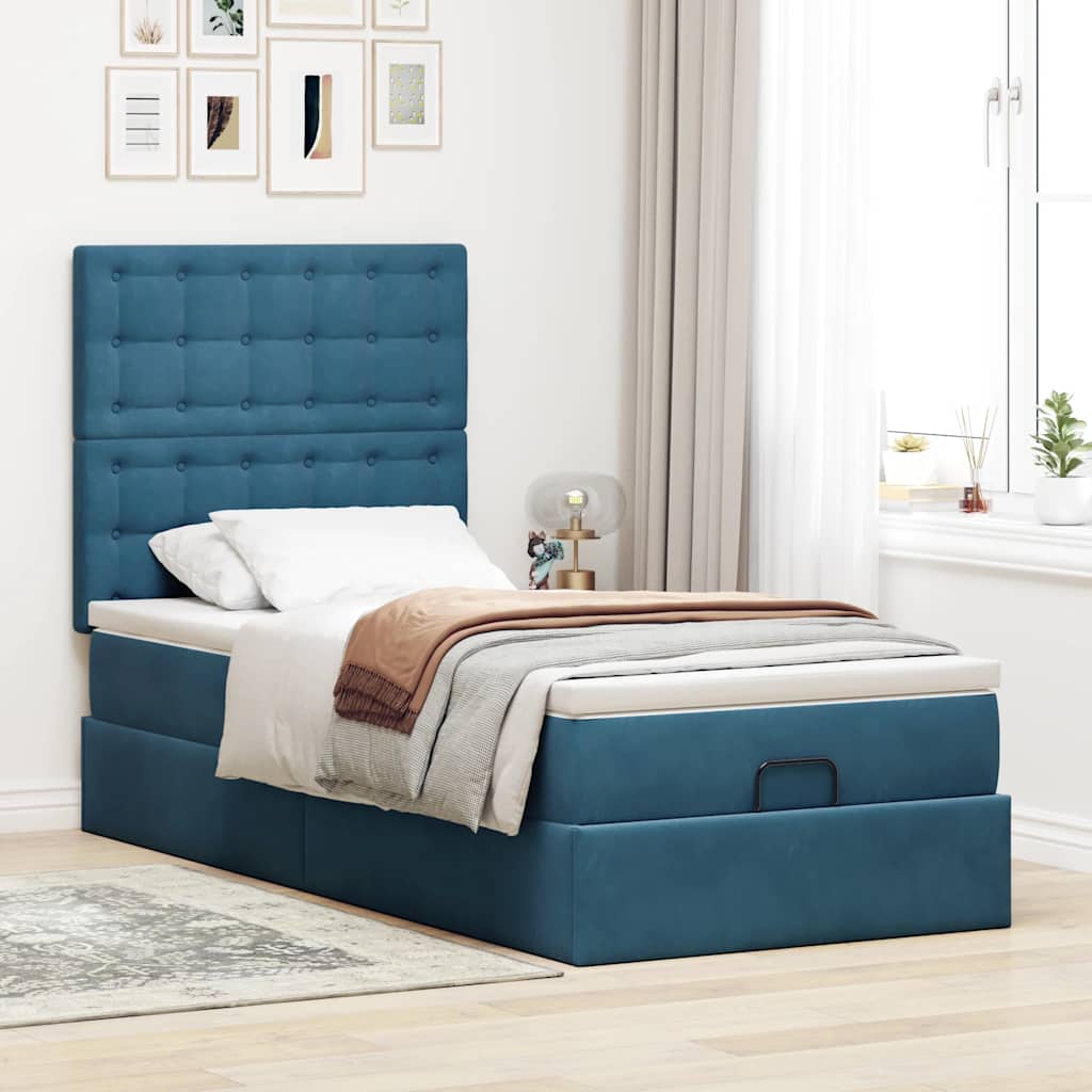 vidaXL Ottoman bed met matrassen 90x200cm fluweel donkerblauw afbeelding