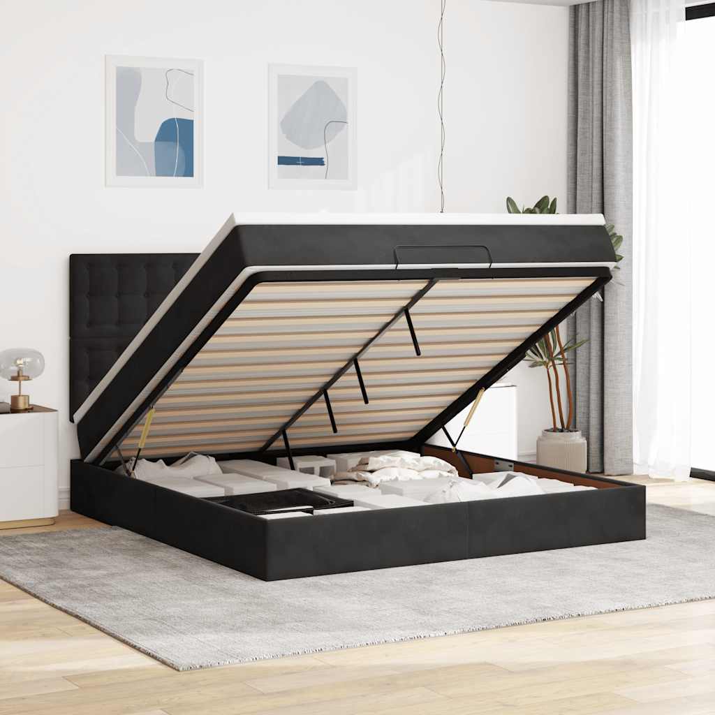 Osmannisk Sengeramme Med Madrasser Fløjl - Sort / 180 X 200 cm / Knapper