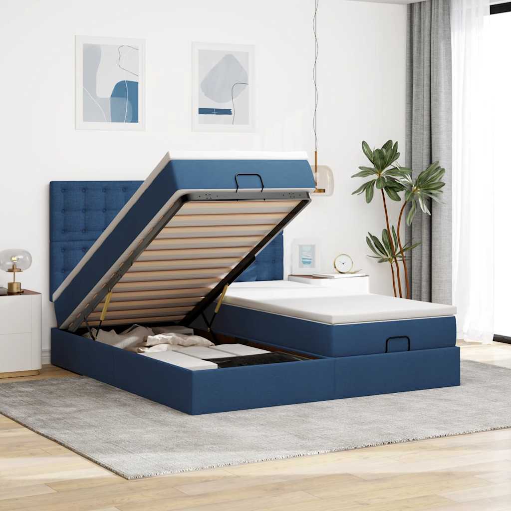 Ottomansk sengeramme med opbevaring inkl. madrasser 180×200 cm - stof, blå