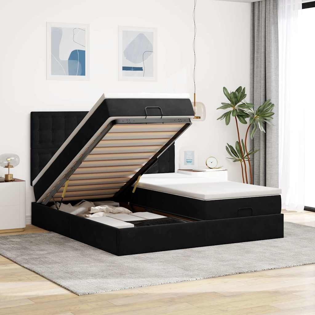 Ottomansk sengeramme med opbevaring 180×200 cm i sort fløjl inkl. madrasser og topmadrasser