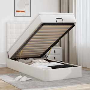 Otomanski posteljni okvir z vzmetnico bel 100x200 cm um. usnje