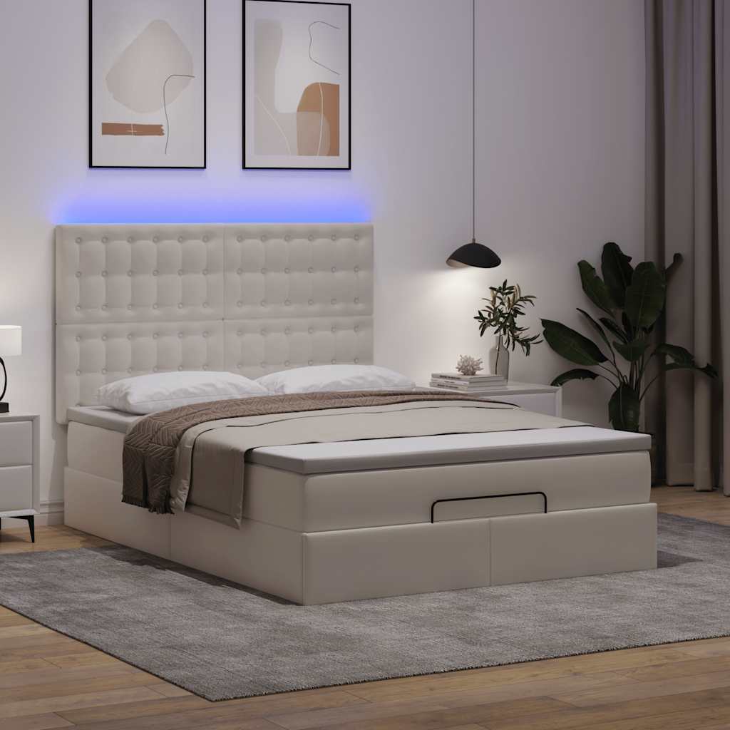 vidaXL Ottoman-Bett mit Matratze & LEDs Weiß 140x190 cm Kunstleder