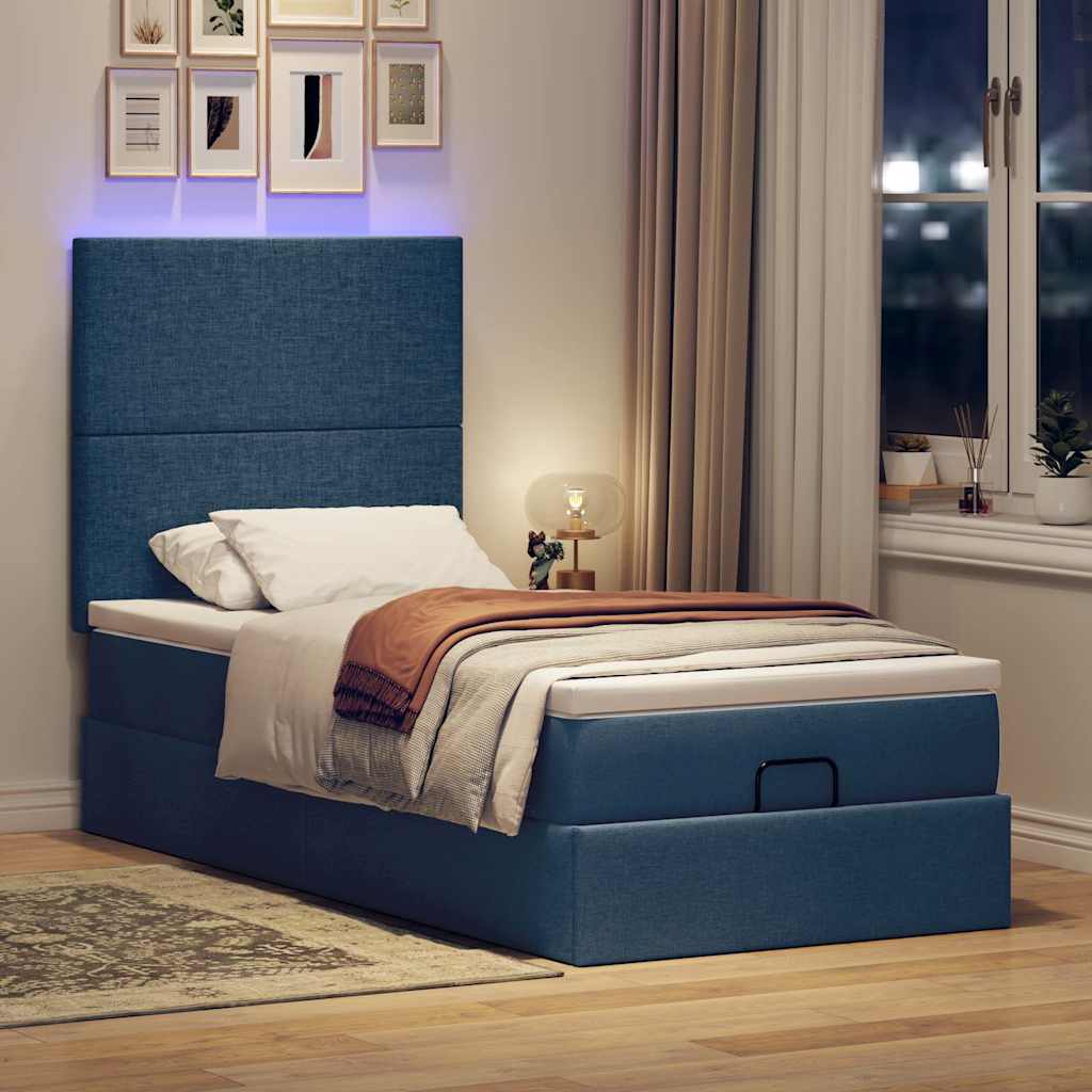 vidaXL Ottoman-Bett mit Matratze & LEDs Blau 100x200 cm Stoff