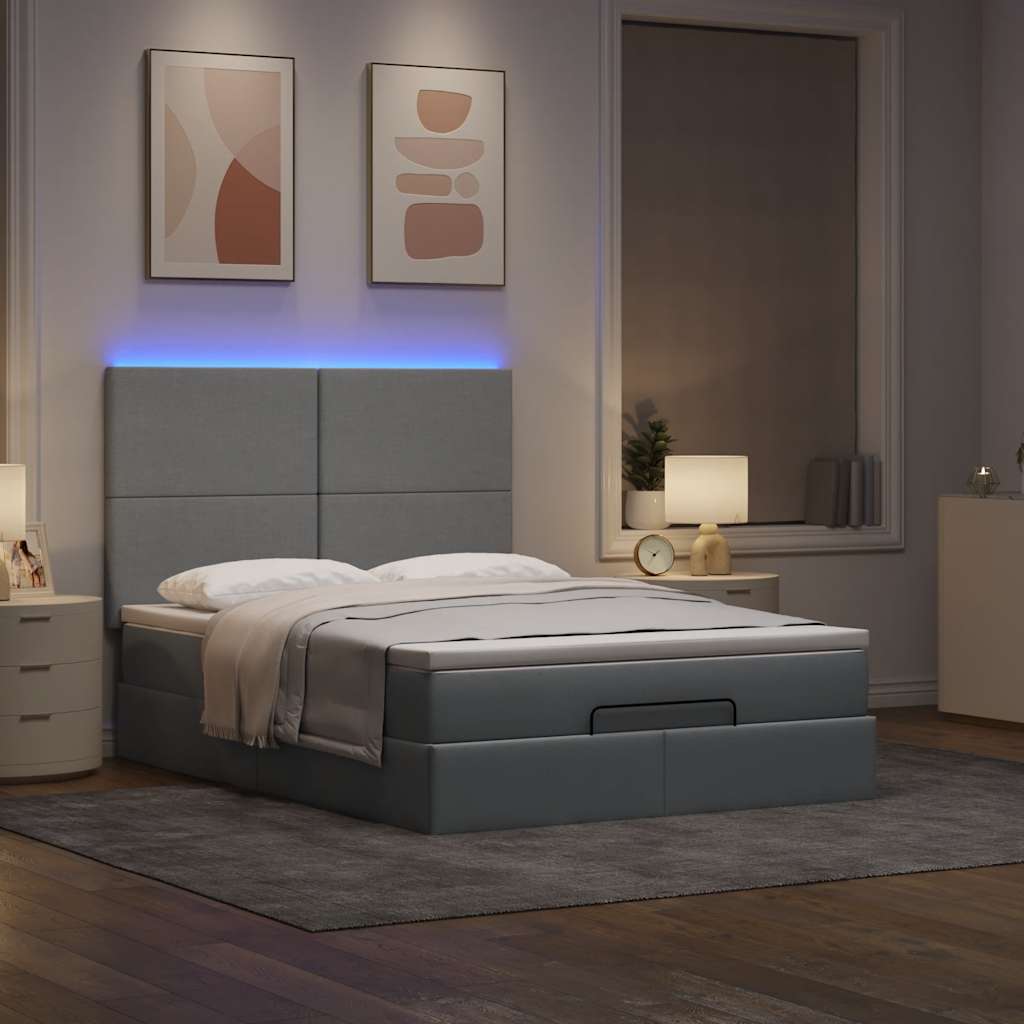 vidaXL Ottoman bed met matras en LED's 140x200cm stof lichtgrijs afbeelding