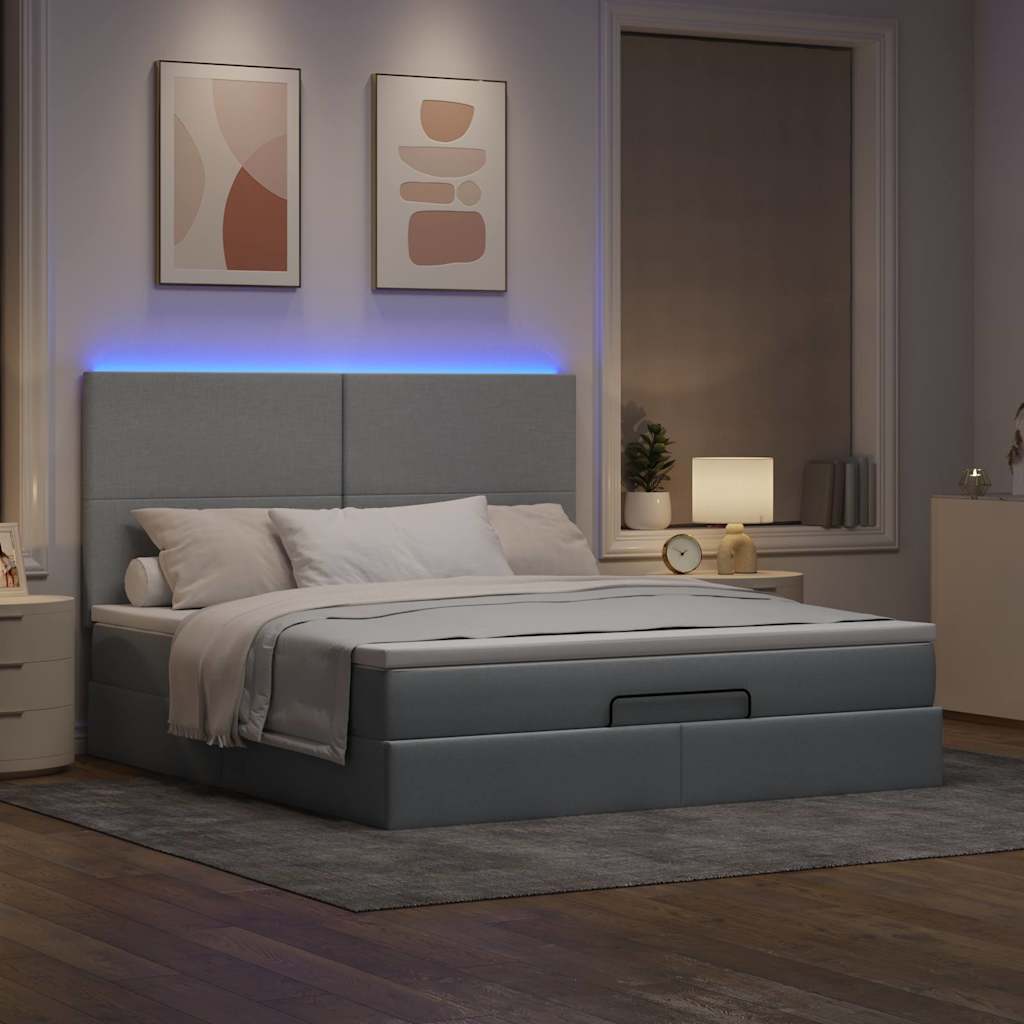 vidaXL Ottoman bed met matras en LED's 160x200cm stof lichtgrijs afbeelding