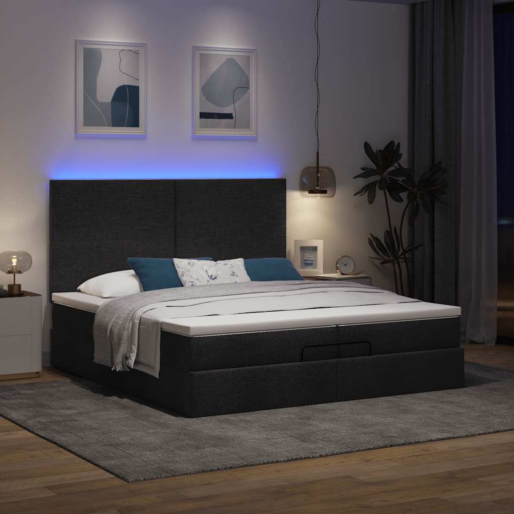 vidaXL Ottoman bed met matrassen en LED's 200x200cm stof zwart afbeelding