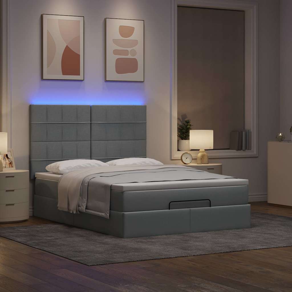vidaXL Ottoman bed met matras en LED's 140x200cm stof lichtgrijs afbeelding