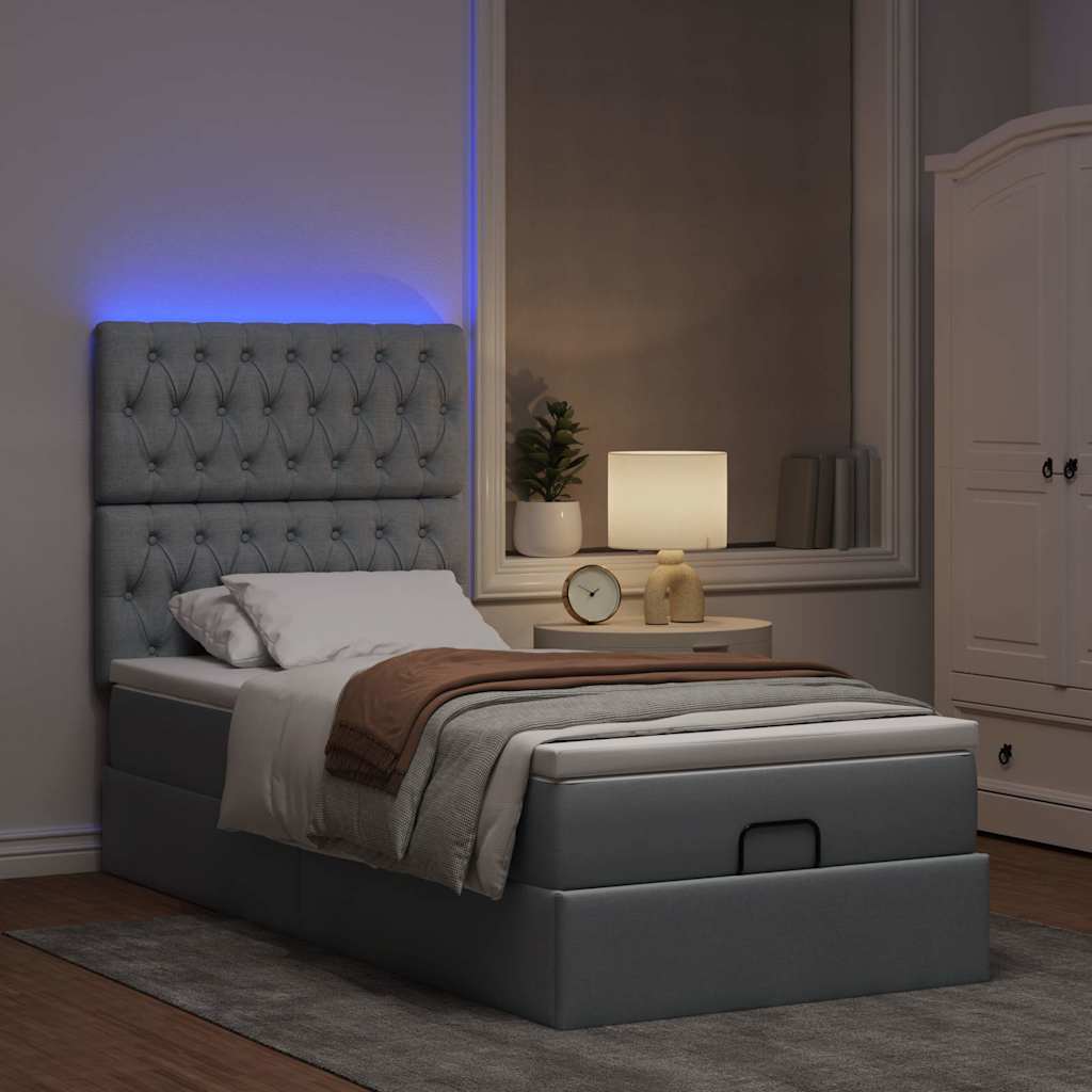 Thumbnail - vidaXL Ottoman-Bett mit Matratze & LEDs Hellgrau 90x190 cm Stoff