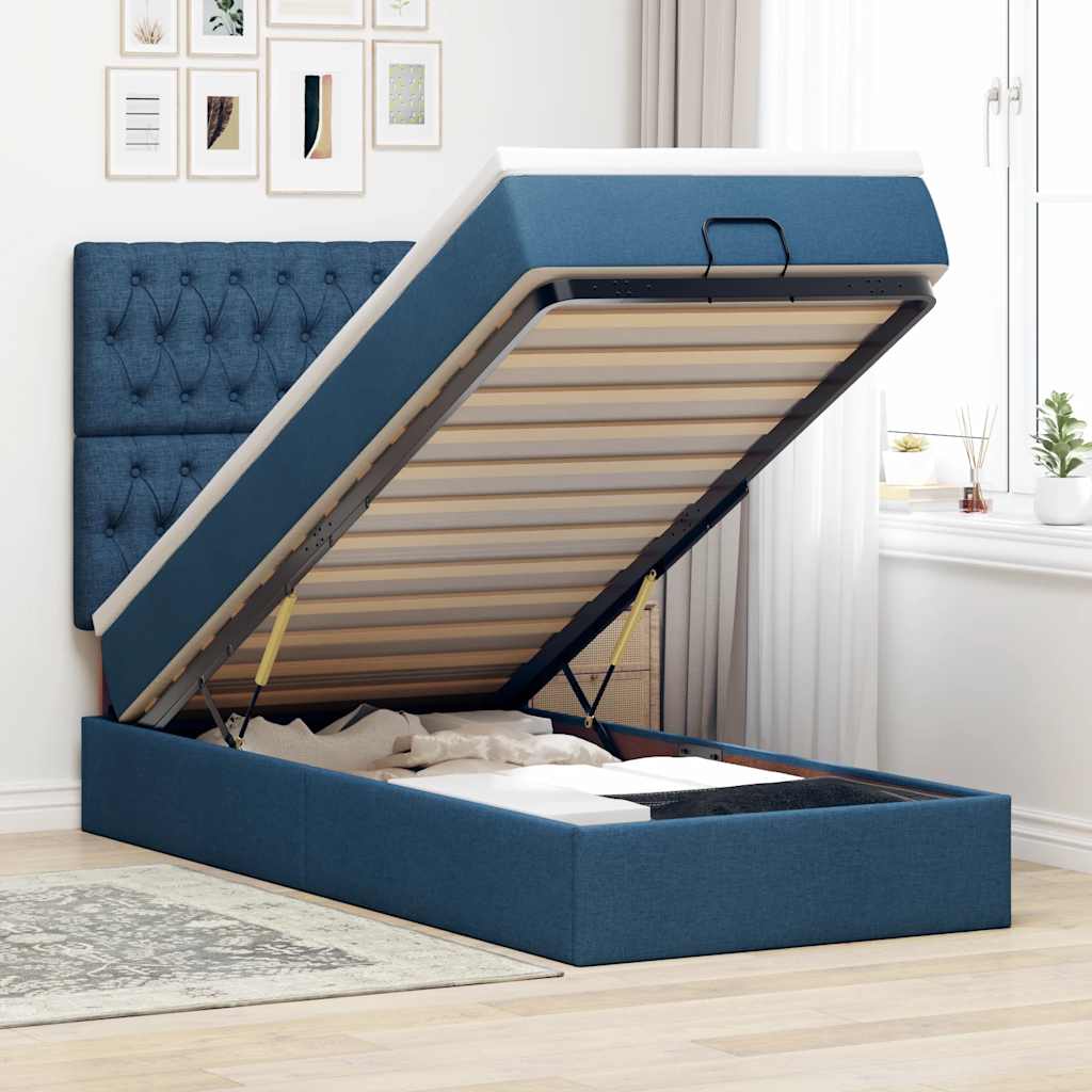 vidaXL Ottoman-Bett mit Matratze & LEDs Blau 90x190 cm Stoff