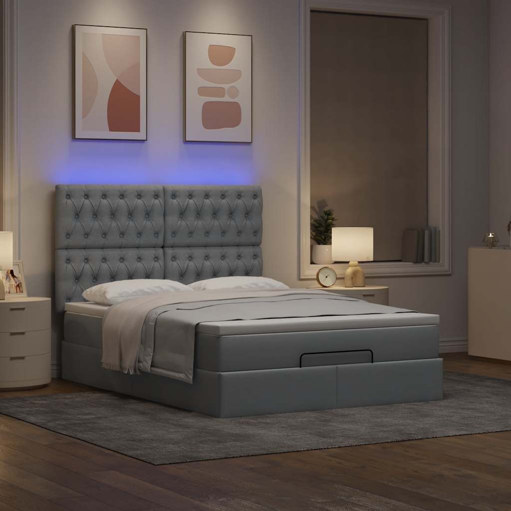 vidaXL Ottoman bed met matras en LED's 140x190cm stof lichtgrijs afbeelding