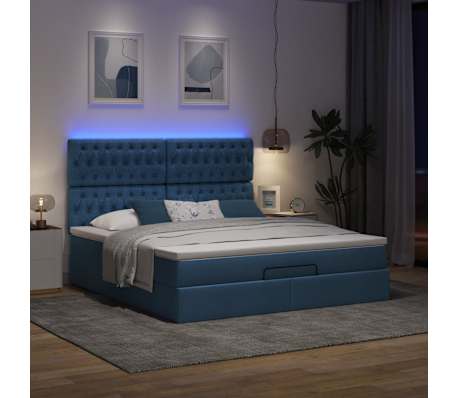 VidaXL Osmanská posteľ s matracom a LED diódami Modrá látka 180x200 cm
