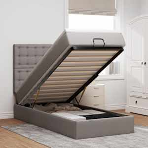 Otomanska postelja z vzmetnico & LEDs taupe 90x200 cm blago