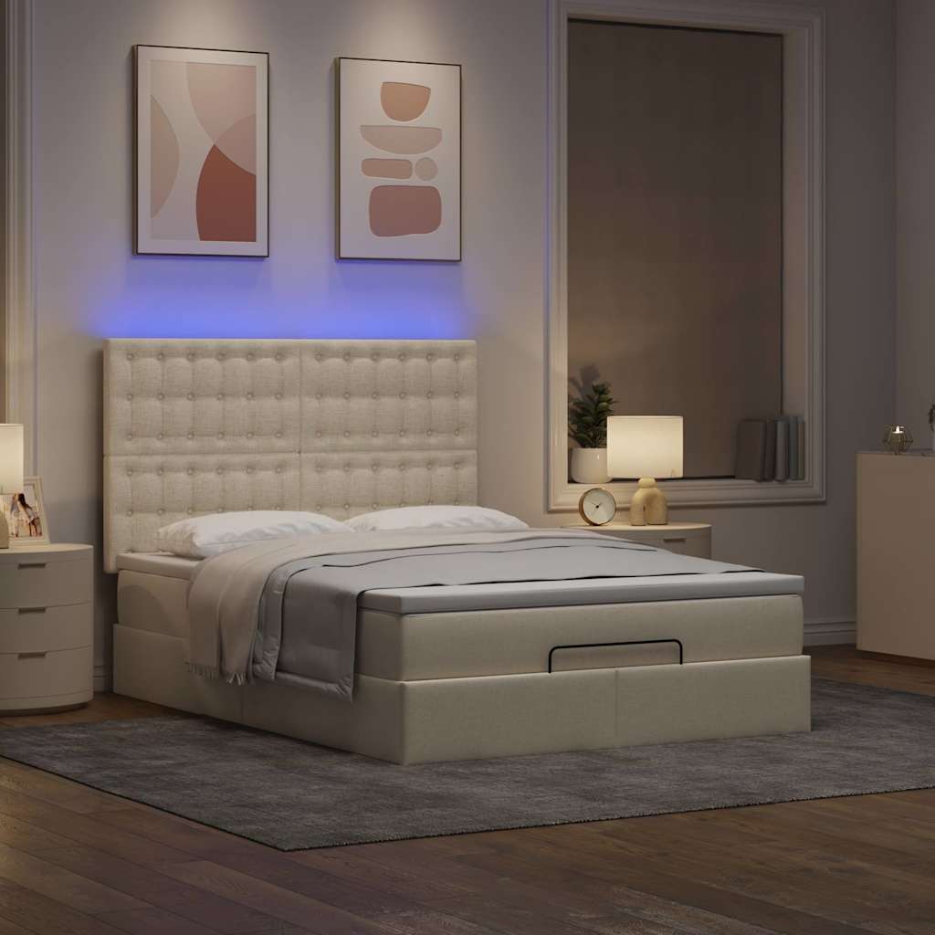 vidaXL Ottoman bed met matras en LED's 140x200cm stof crèmekleurig afbeelding