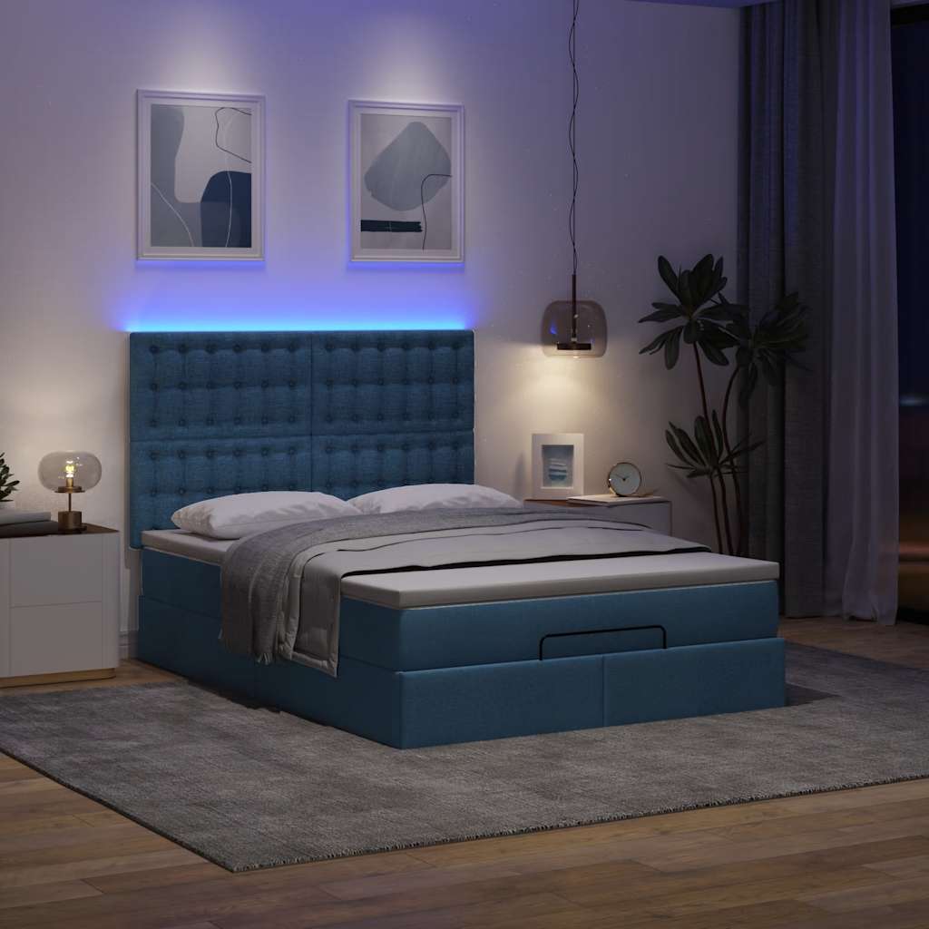 vidaXL Ottoman-Bett mit Matratze & LEDs Blau 140x200 cm Stoff