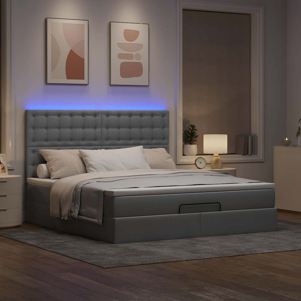 vidaXL Ottoman bed met matras en LED's 160x200cm stof lichtgrijs afbeelding