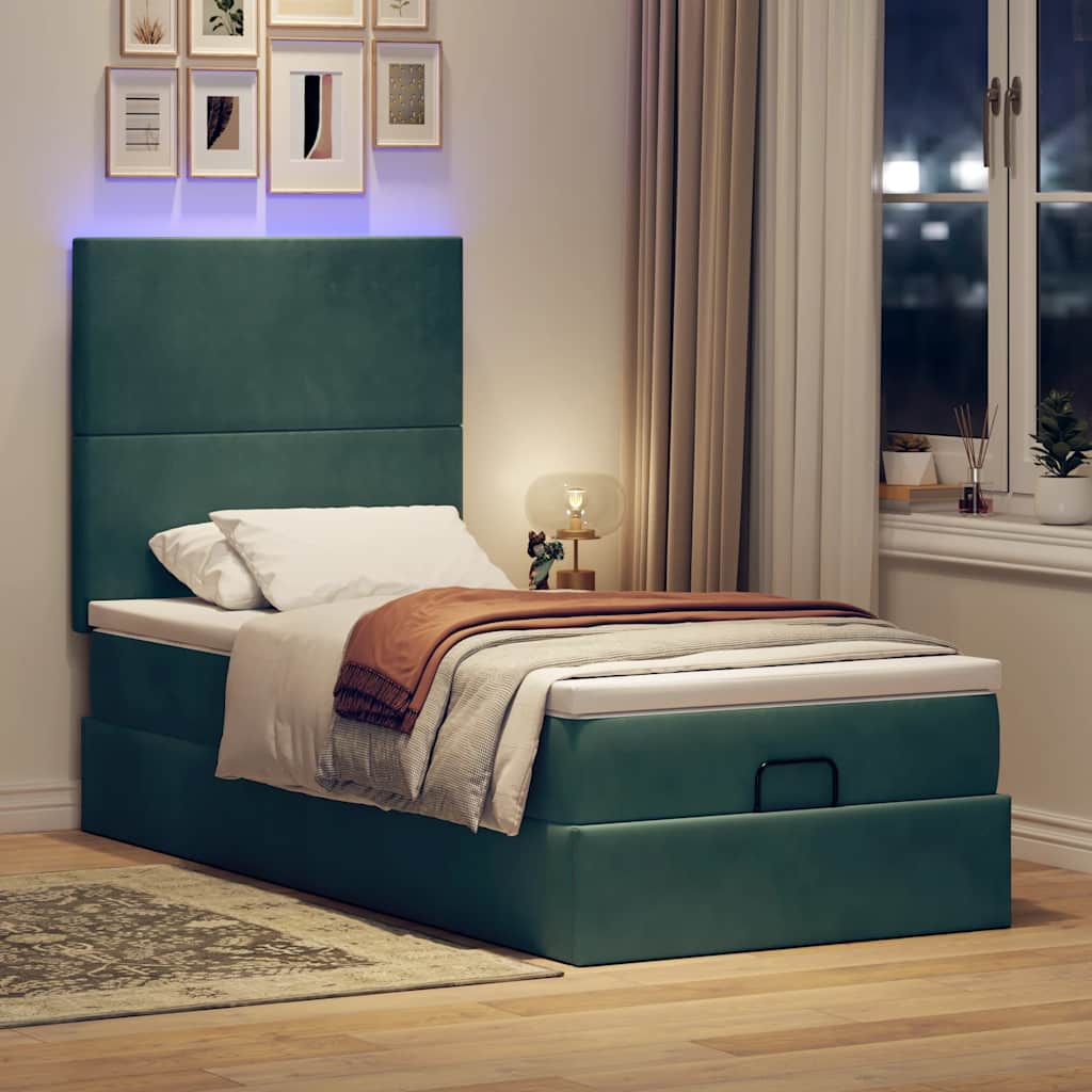 Thumbnail - vidaXL Ottoman-Bett mit Matratzen & LEDs Dunkelgrün 90x200 cm Samt