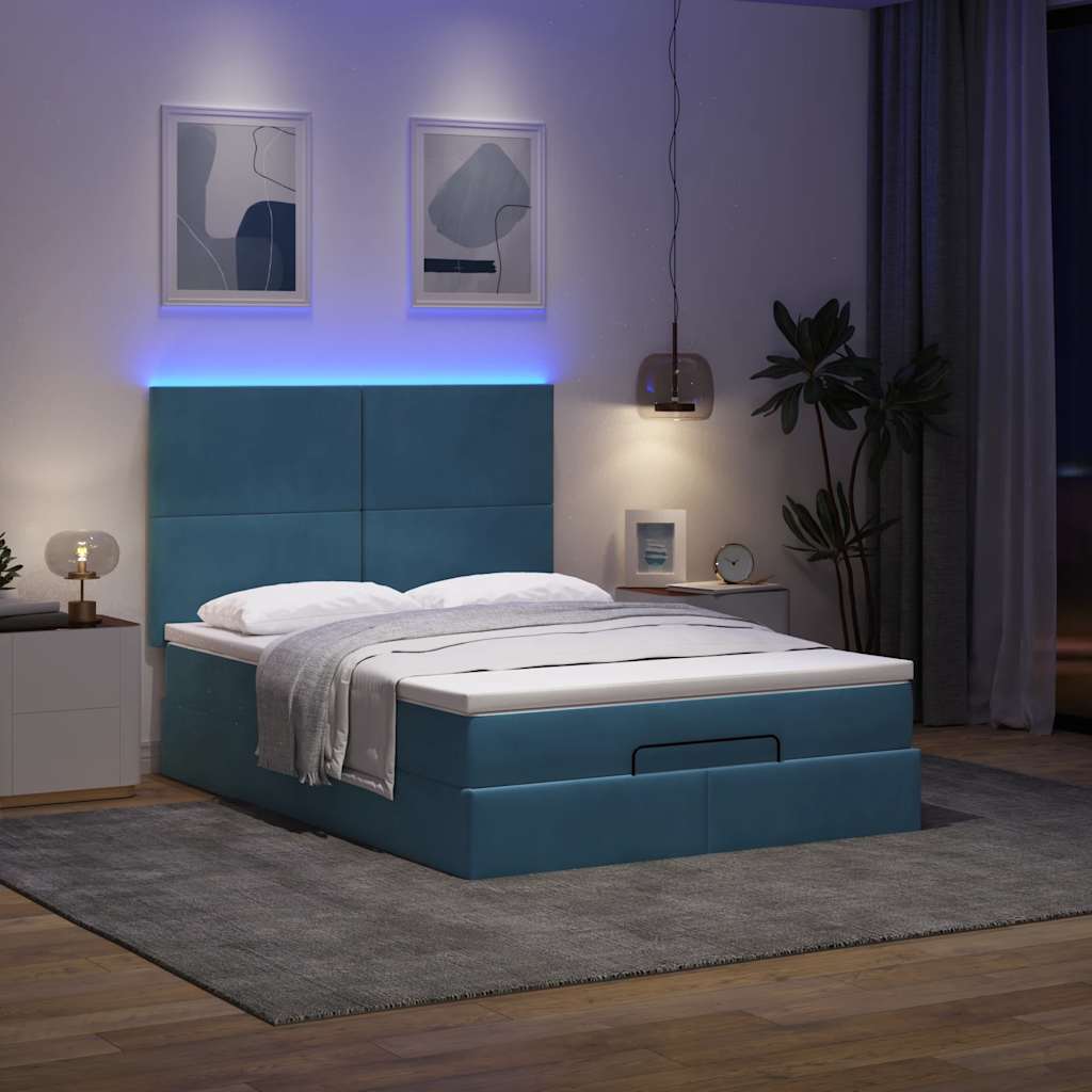 vidaXL Ottoman-Bett mit Matratzen & LEDs Dunkelblau 140x190 cm Samt