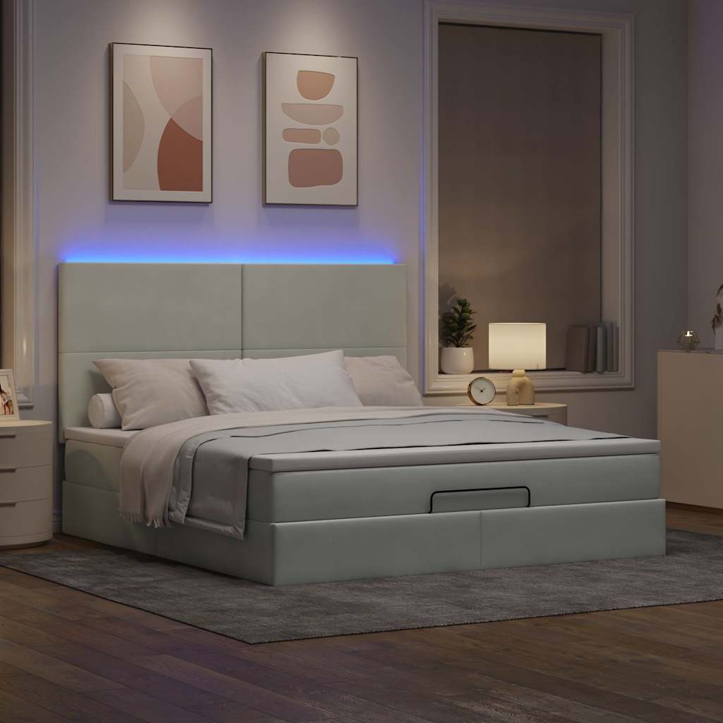 vidaXL Ottoman bed met matrassen en LED's 180x200cm fluweel lichtgrijs afbeelding