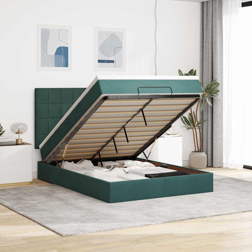 vidaXL Ottoman-Bett mit Matratzen & LEDs Dunkelgrün 140x200 cm Samt