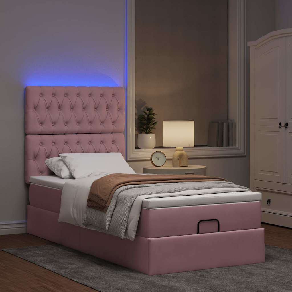 vidaXL Ottoman bed met matrassen en LED's 90x200cm fluweel roze afbeelding