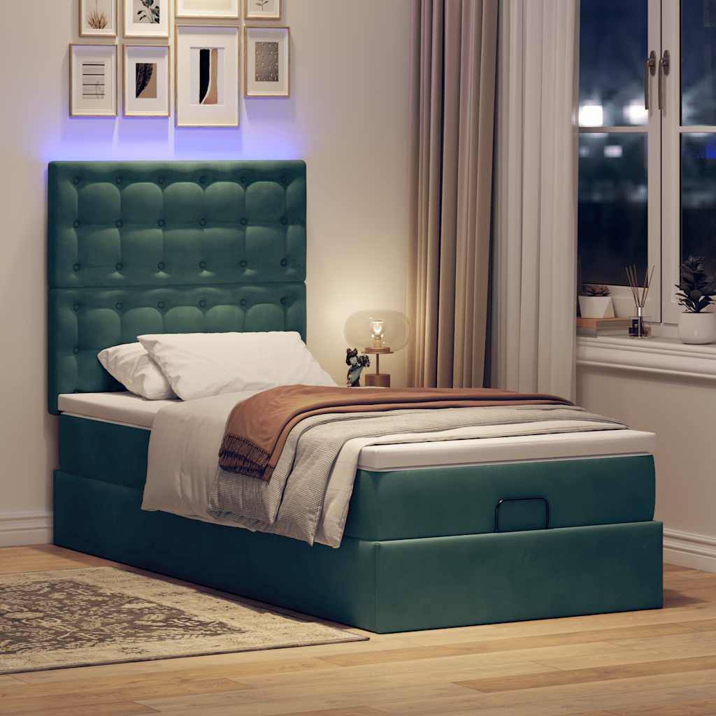 vidaXL Ottoman-Bett mit Matratzen & LEDs Dunkelgrün 90x200 cm Samt