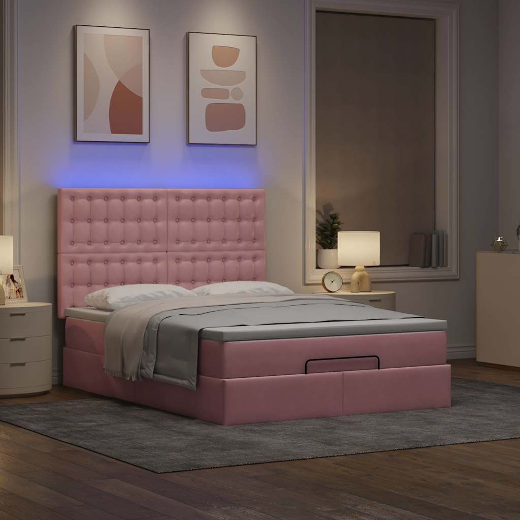 vidaXL Ottoman bed met matrassen en LED's 140x190cm fluweel roze afbeelding