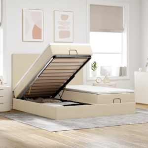 Otomanski posteljni okvir z vzmetnicami krem 200x200 cm blago