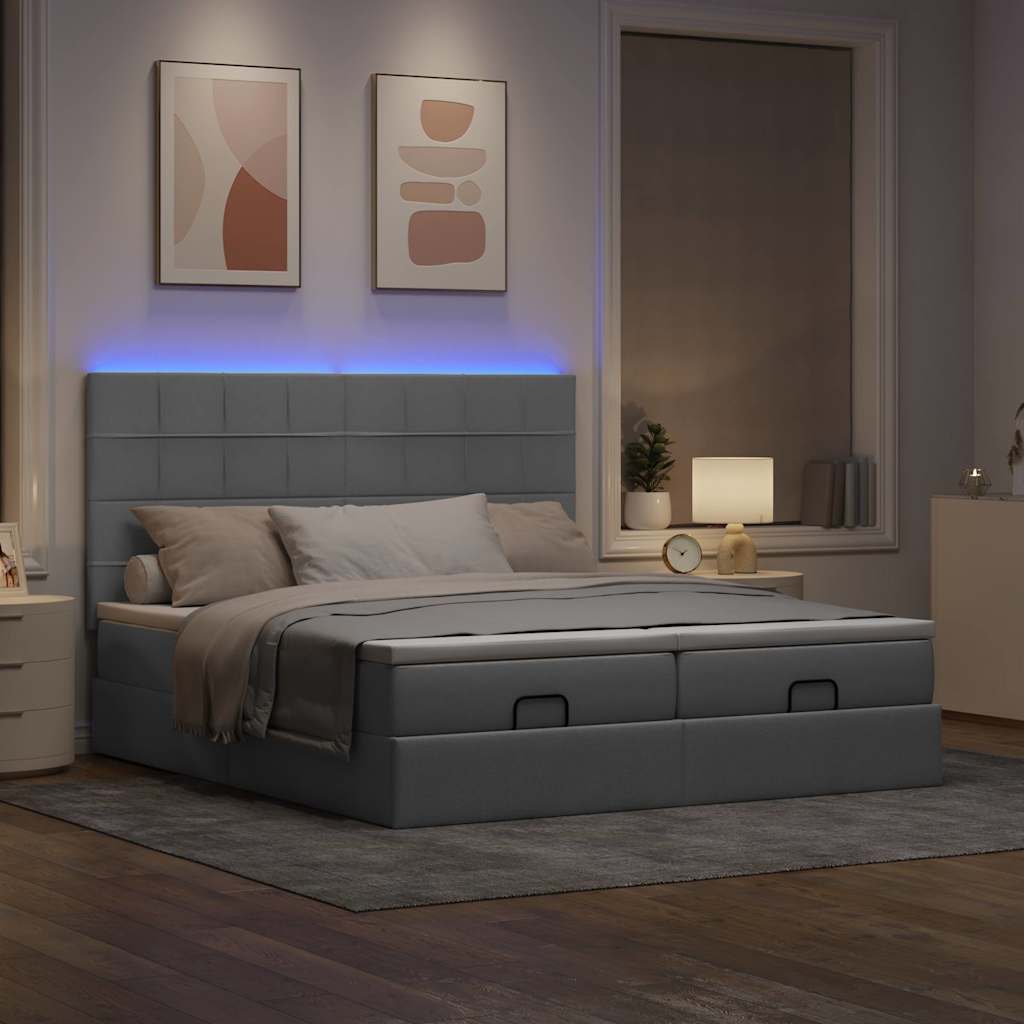 vidaXL Ottoman bed met matrassen en LED's 180x200cm stof lichtgrijs afbeelding