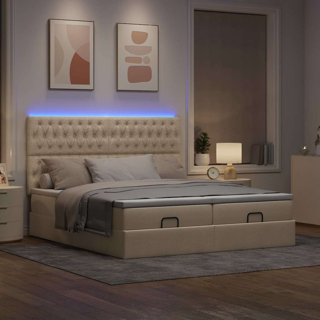 vidaXL Ottoman bed met matrassen en LED's 200x200cm stof crèmekleurig afbeelding