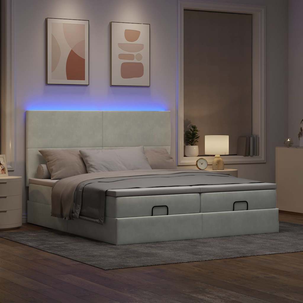 vidaXL Ottoman bed met matrassen en LED's 200x200cm fluweel lichtgrijs afbeelding