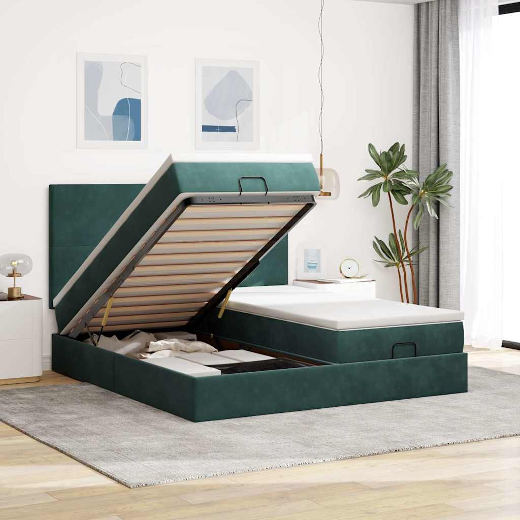 vidaXL Ottoman-Bett mit Matratzen & LEDs Dunkelgrün 200x200 cm Samt