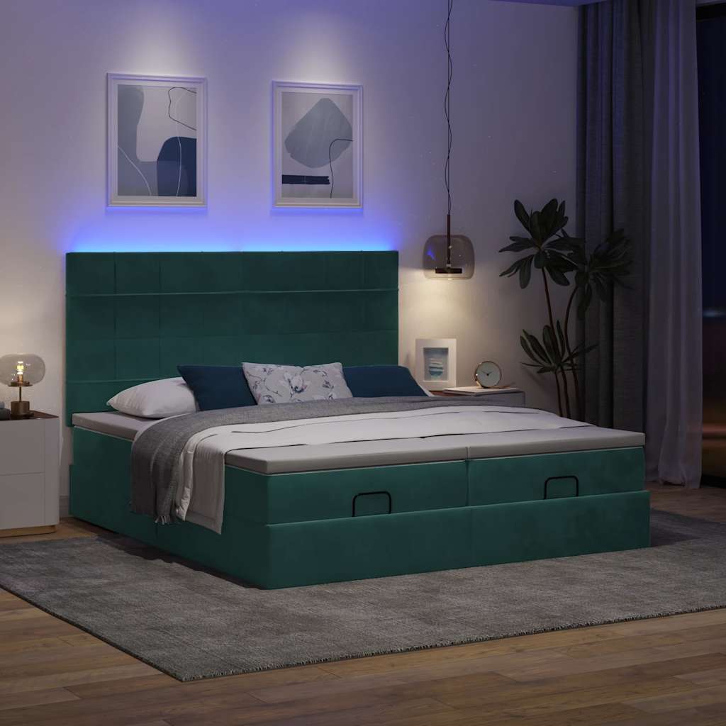 vidaXL Ottoman-Bett mit Matratzen & LEDs Dunkelgrün 160x200 cm Samt