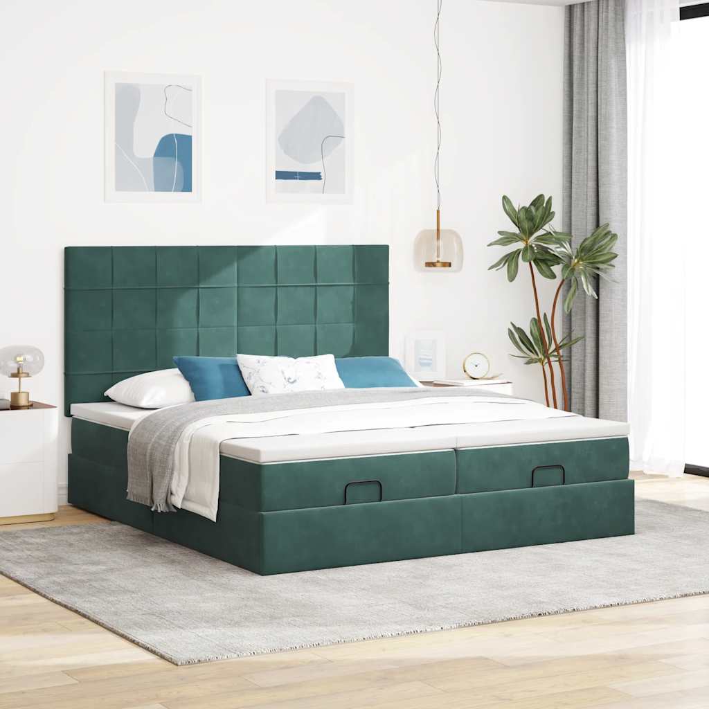vidaXL Cadru de pat otoman cu saltele, catifea verde închis 180x200cm
