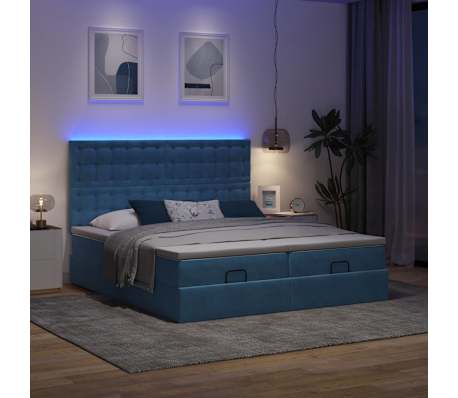 vidaXL Οθωμανικό κρεβάτι με στρώματα & LEDs Σκούρο μπλε Βελούδο
