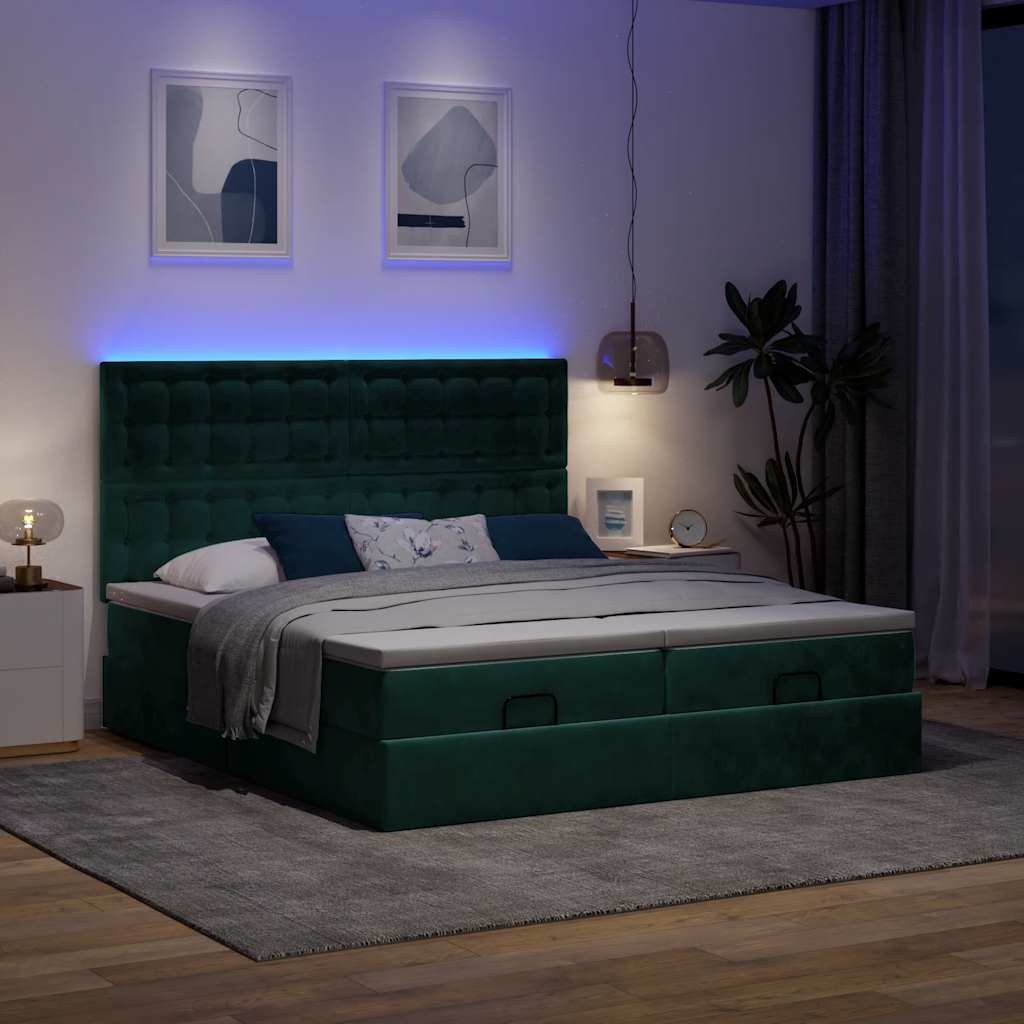 vidaXL Ottoman-Bett mit Matratzen & LEDs Dunkelgrün 180x200 cm Samt