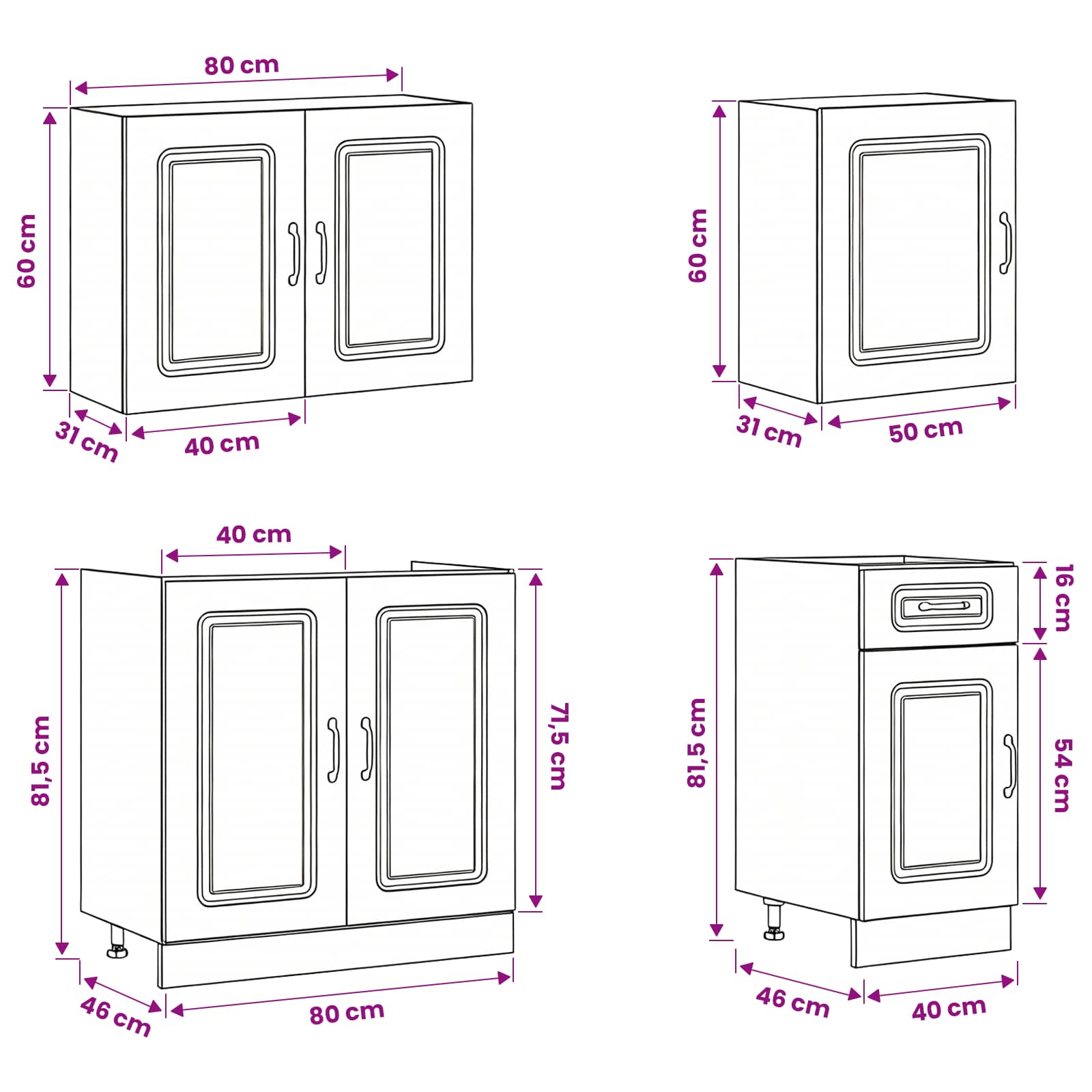 7 Piece Kitchen Cabinet Set "Kalmar" size guide
