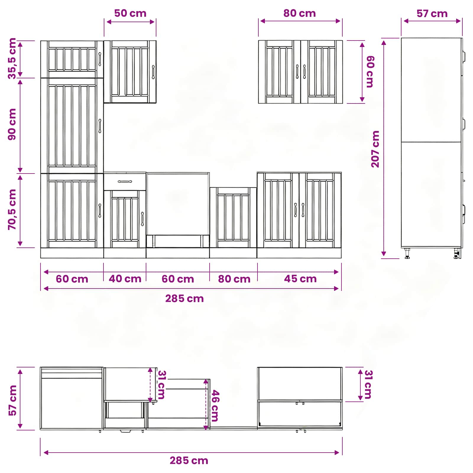 7 Piece Kitchen Cabinet Set "Lucca" size guide