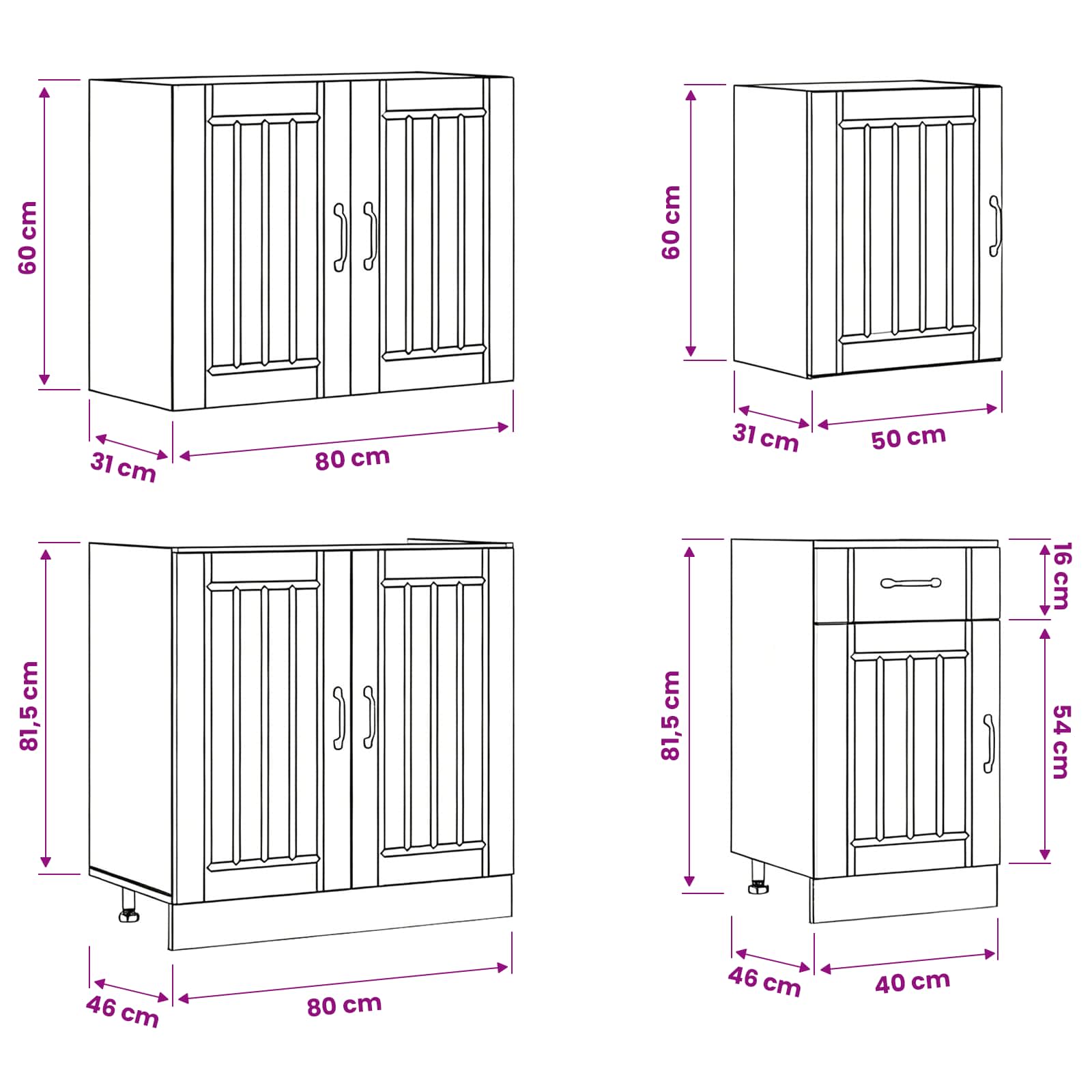 7 Piece Kitchen Cabinet Set "Lucca" size guide