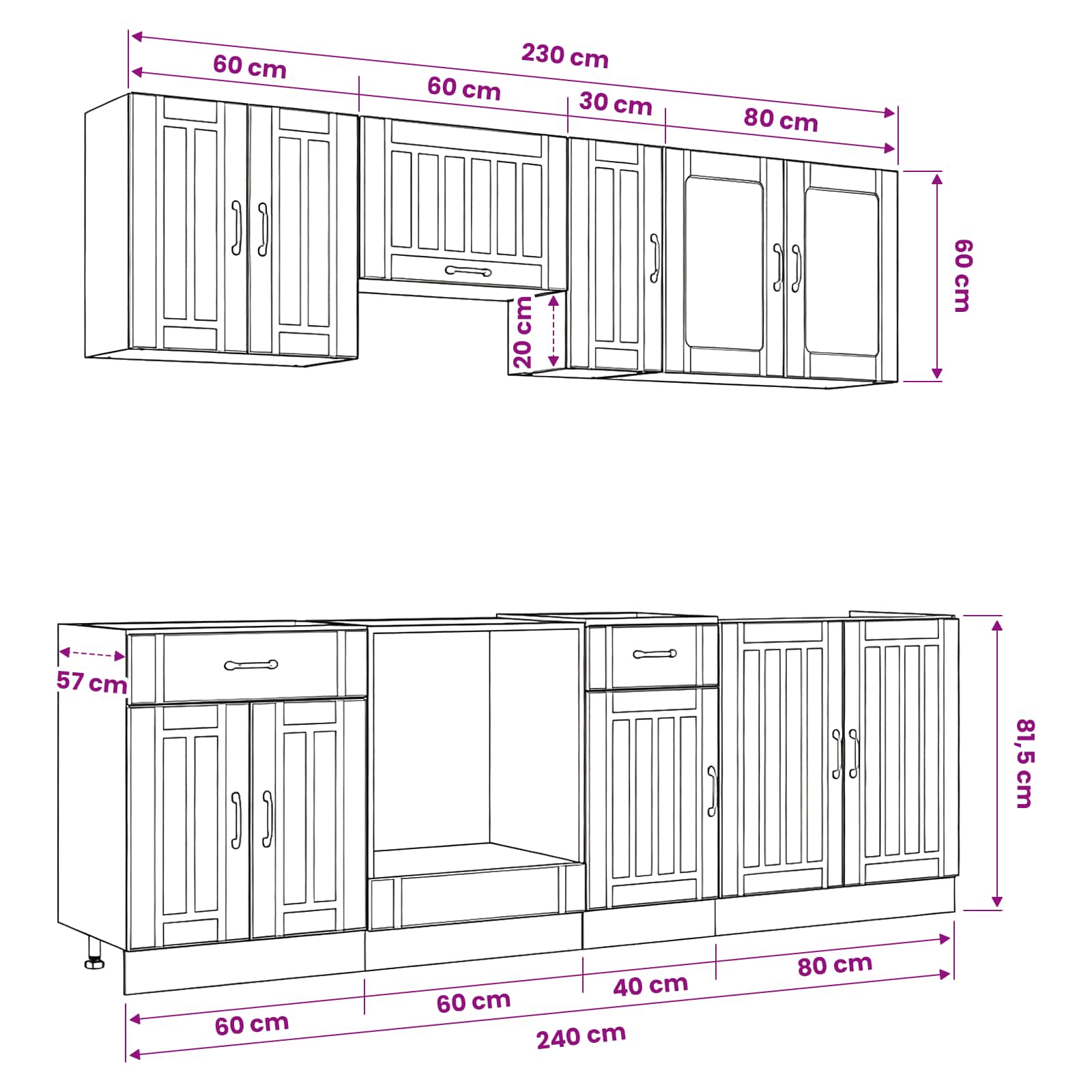 8 Piece Kitchen Cabinet Set "Kalmar" Engineered Wood size guide