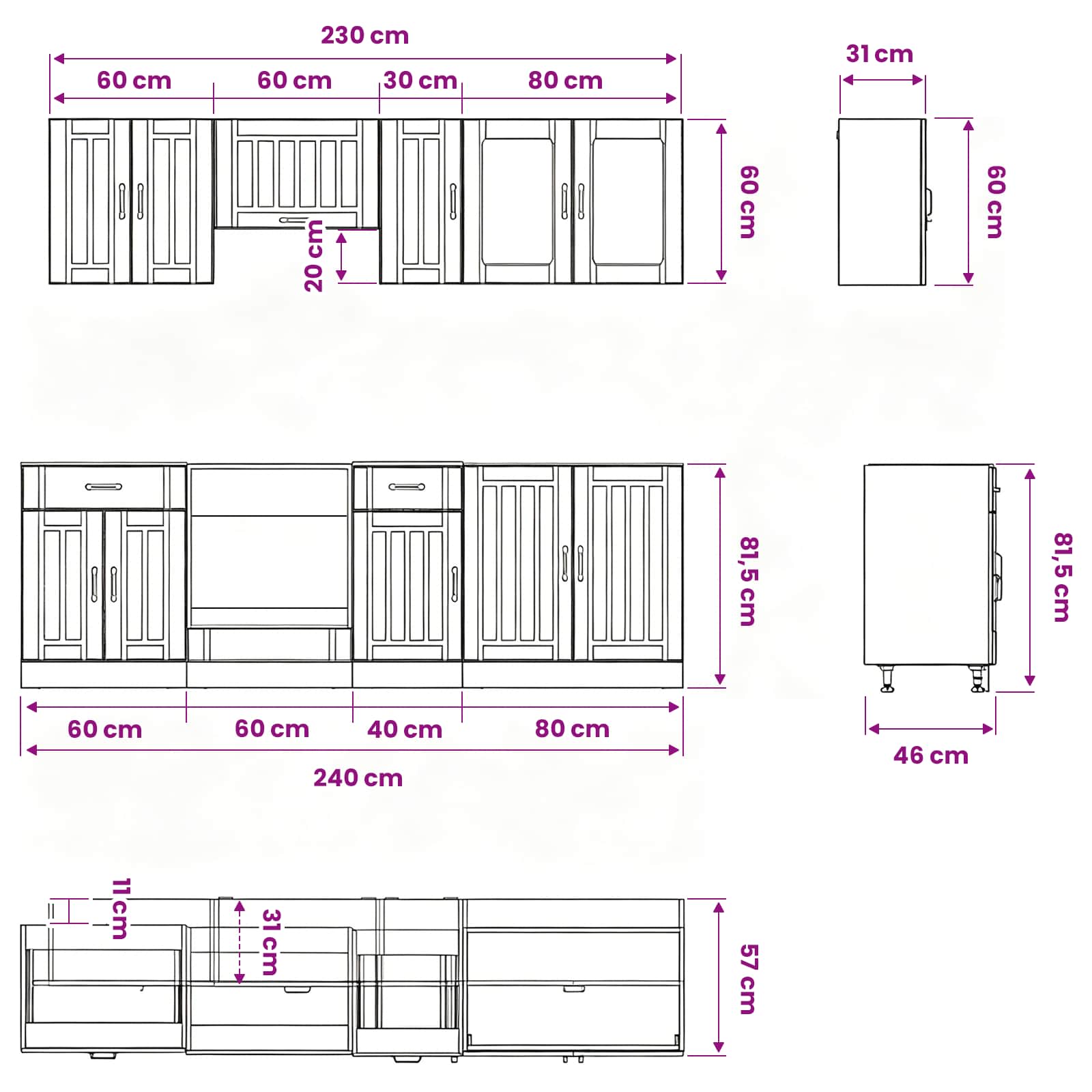 8 Piece Kitchen Cabinet Set "Kalmar" Engineered Wood size guide